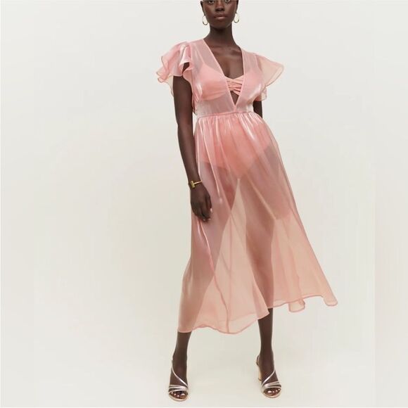 NWT Reformation Glory Sheer Organza Midi Dress In Ballerina Pink $278 - Picture 8 of 9
